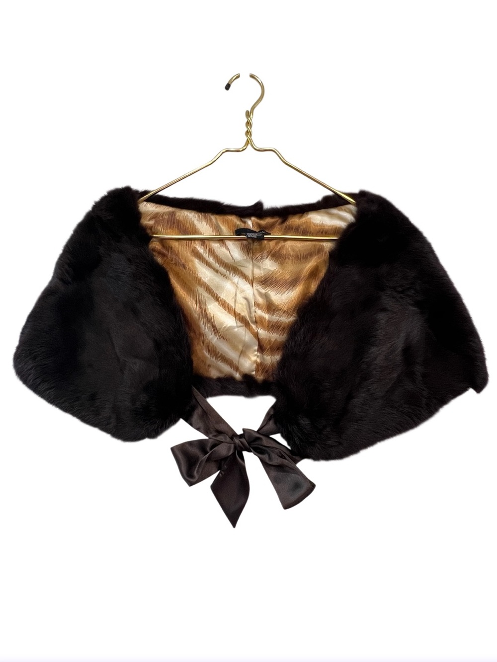Grace Genuine Rabbit Fur Stole Brown Satin Tie Wrap OS - Picture 2 of 6